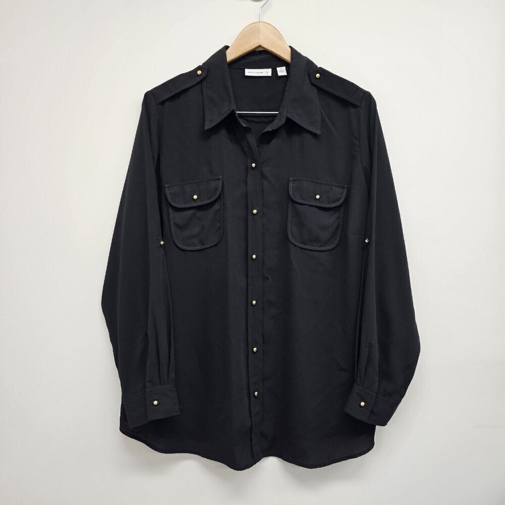 Susan Graver Size 1X Black Long Sleeve Blouse Top Roll Tab Sleeve Gold Buttons